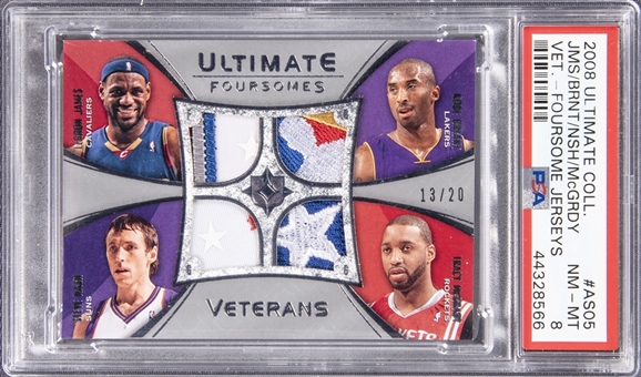 2008-09 Upper Deck Ultimate Collection "Veteran Foursome Jerseys"  #AS05 James/Bryant/Nash/McGrady Multi-Patch Card (#13/20) - PSA NM-MT 8